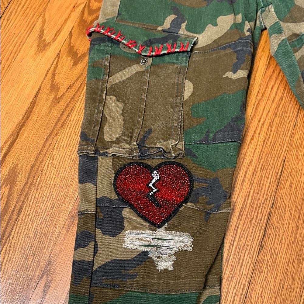 Cote De Nuits Mens Camo Designer Sequin Cargo Pocket Denim Straight Jeans 34 w - Picture 7 of 13
